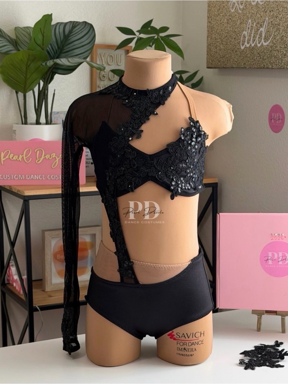 Pearl Dazzle Child dance Costume Lace Black Bra top & High-Waist Brief Set